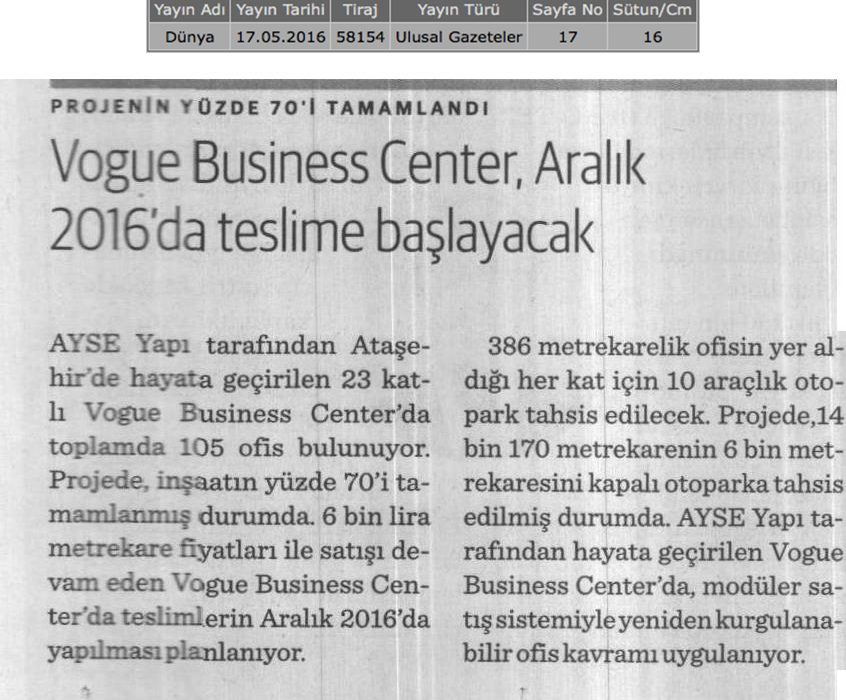 Vogue Aralık 2016'da teslime başlayacak